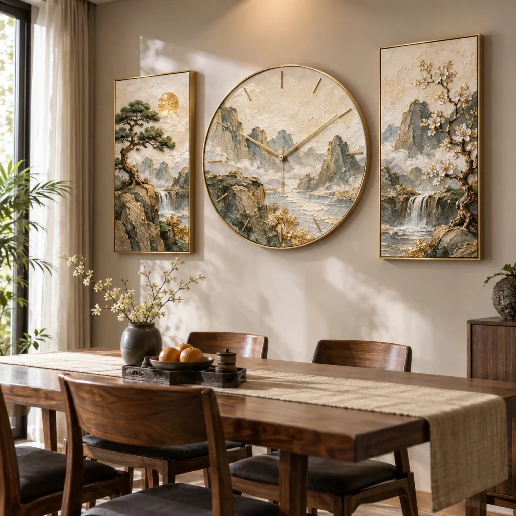 Đồng hồ hiện đại Phúc Lộc Sơn Dầu Đắp Nổi Viền Mảnh