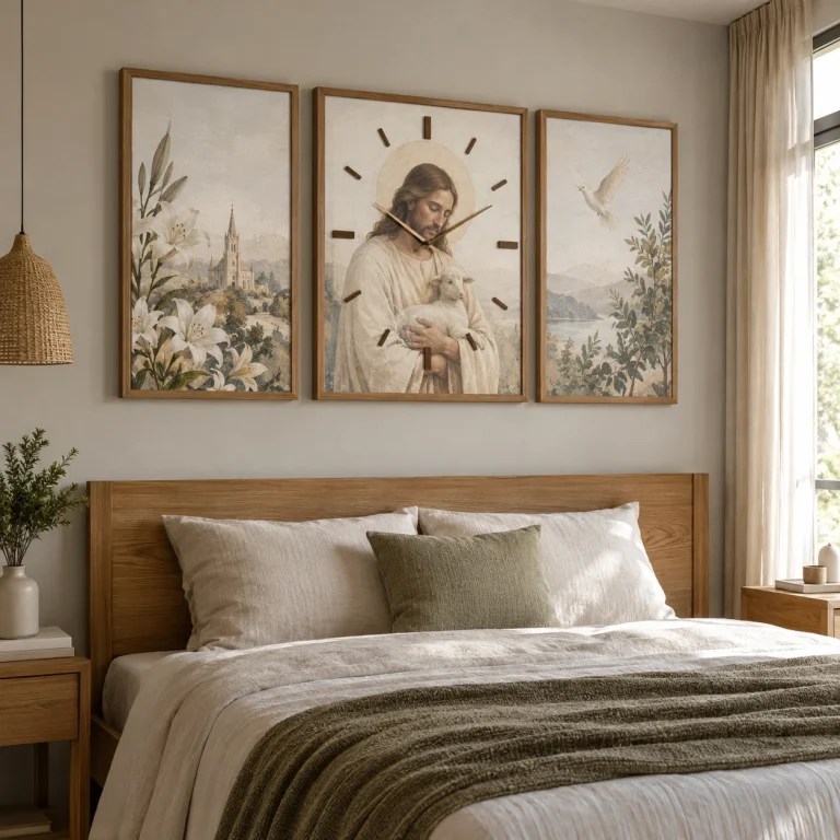 Đồng hồ công giáo Đông Phương Canvas Phủ Mờ Khung Sồi
