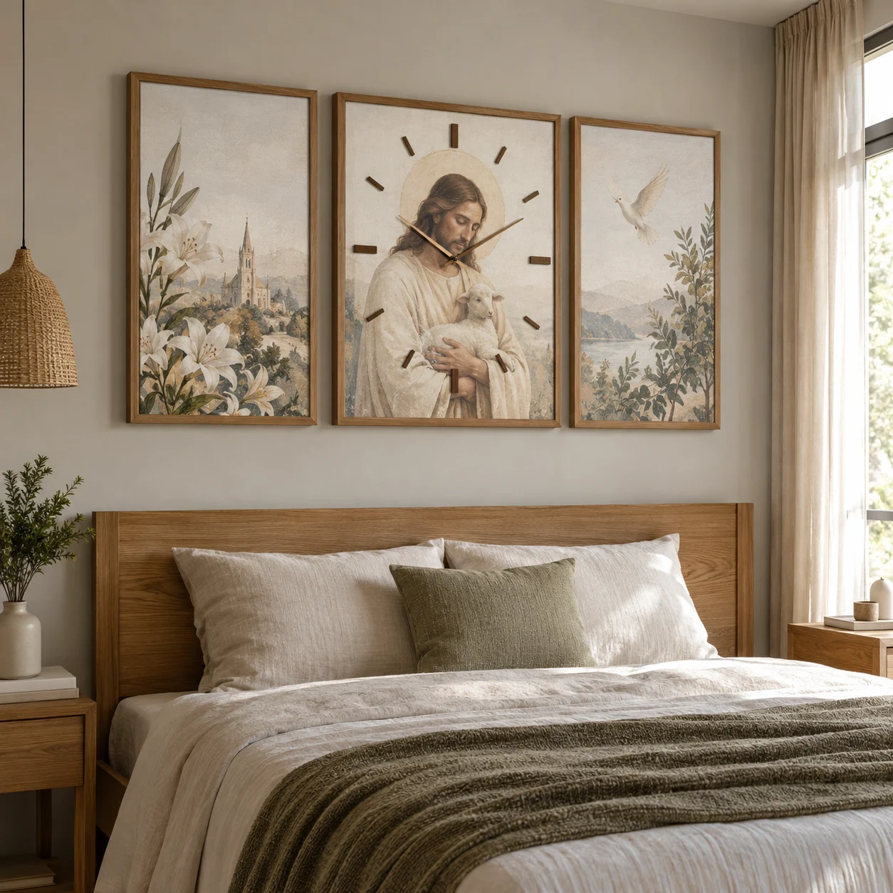 Đồng hồ công giáo Đông Phương Canvas Phủ Mờ Khung Sồi