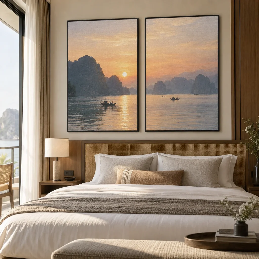 Tranh bộ 2 Bình Minh Canvas Vân Vải Khung Đen