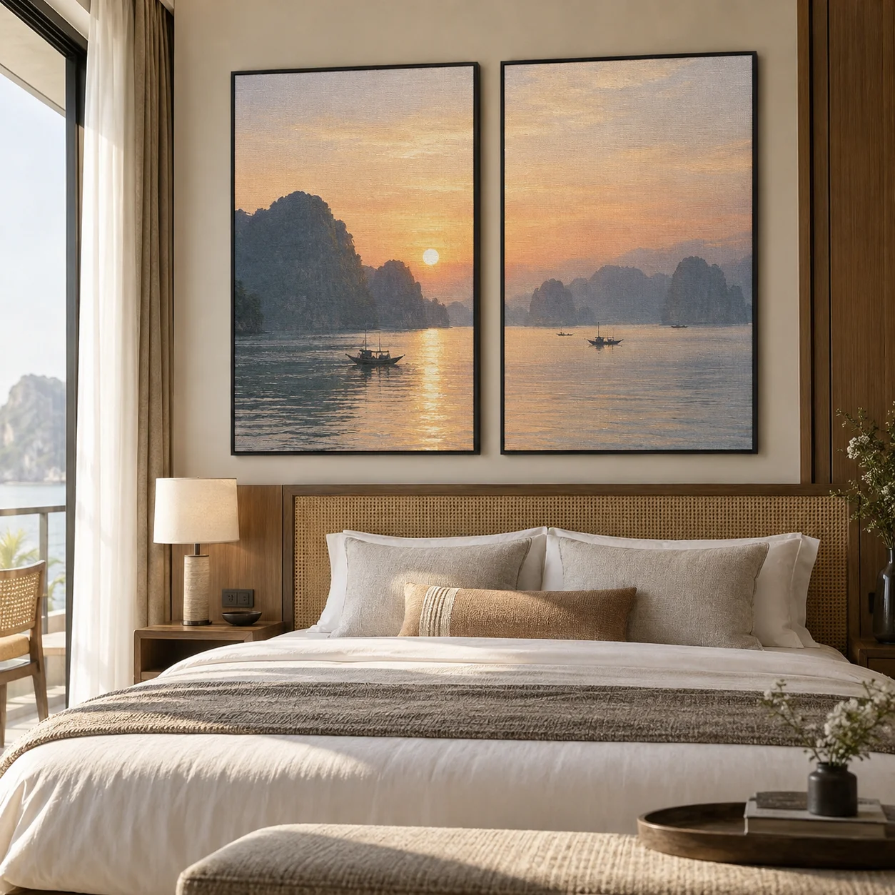 Tranh bộ 2 Bình Minh Canvas Vân Vải Khung Đen