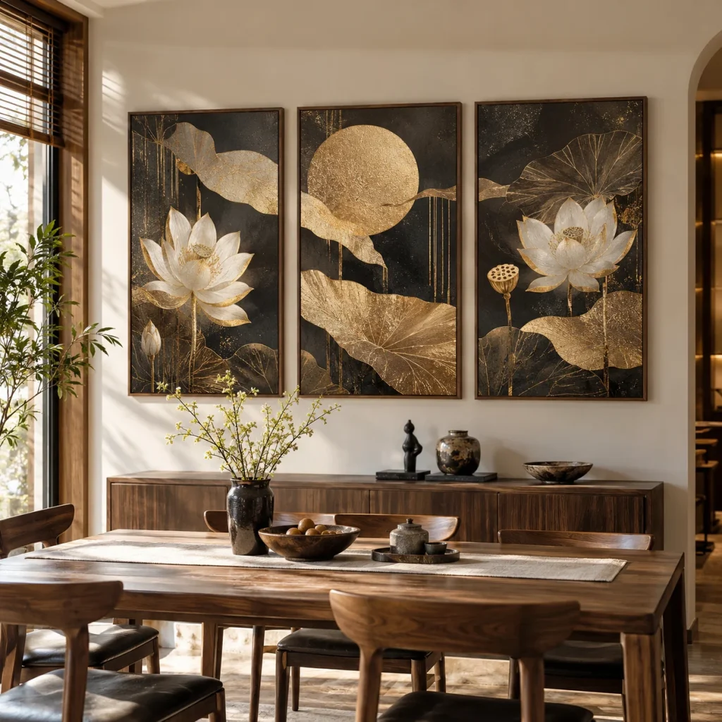 Tranh bộ 3 Kim Sa In UV Mỹ Thuật Khung Walnut