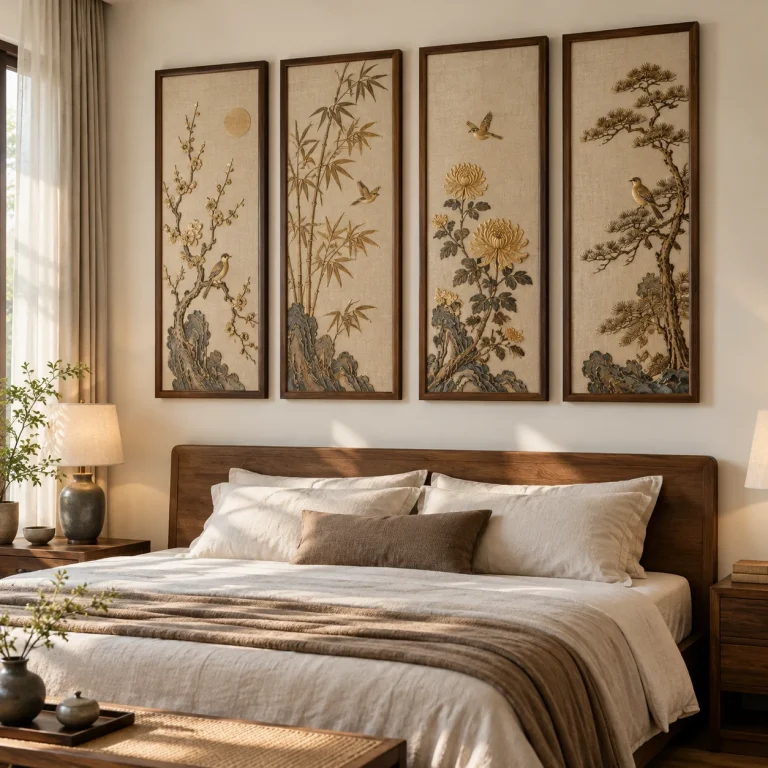 Tranh bộ 4 Phúc Lộc Bề Mặt Lì Khung Gỗ Tự Nhiên