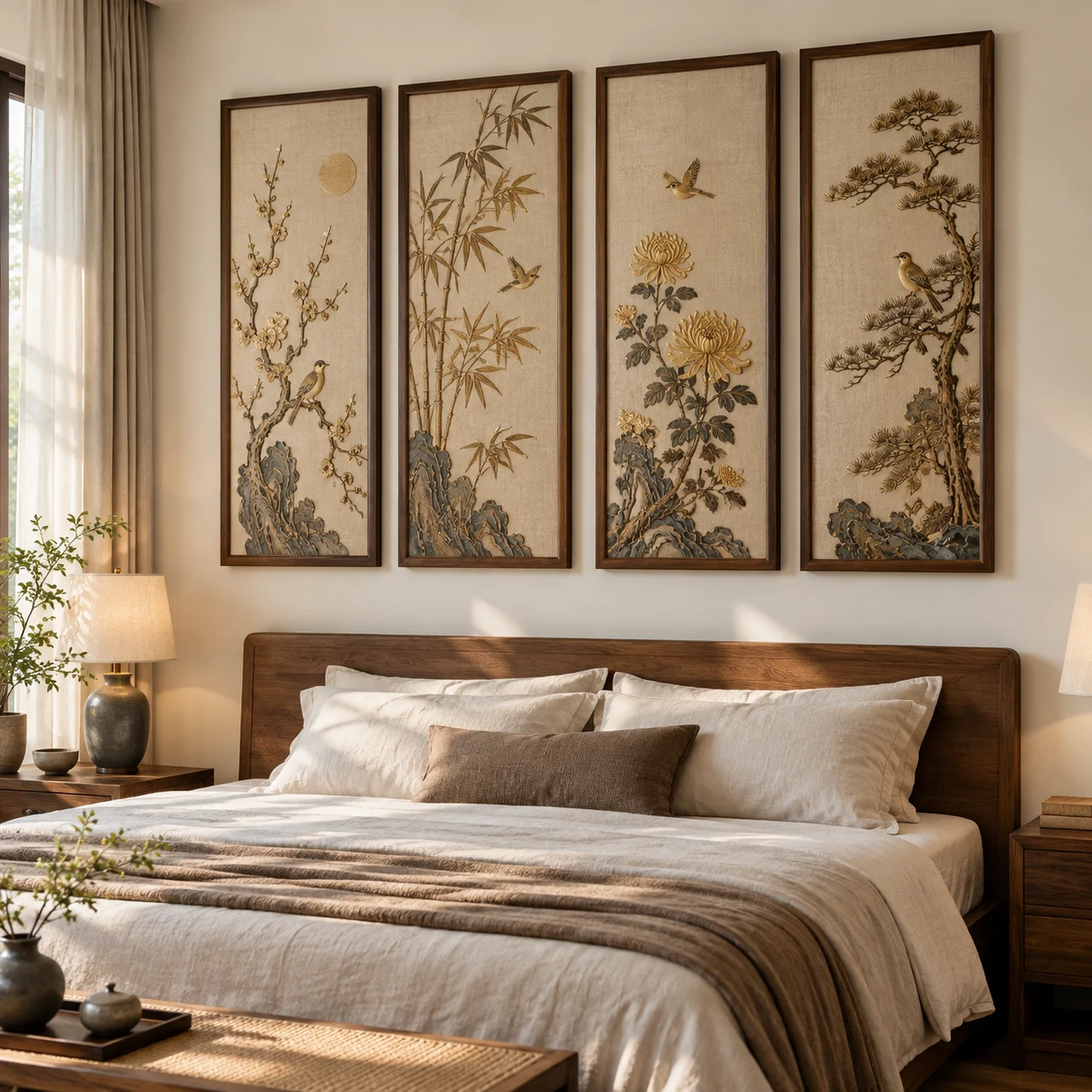 Tranh bộ 4 Phúc Lộc Bề Mặt Lì Khung Gỗ Tự Nhiên