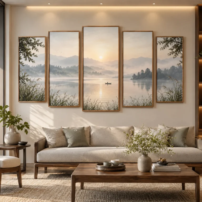 Tranh bộ 5 Sương Mai Bề Mặt Lì Khung Gỗ Tự Nhiên