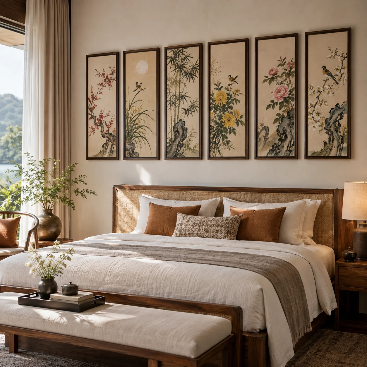 Tranh bộ 6 Đông Phương In UV Mỹ Thuật Khung Walnut