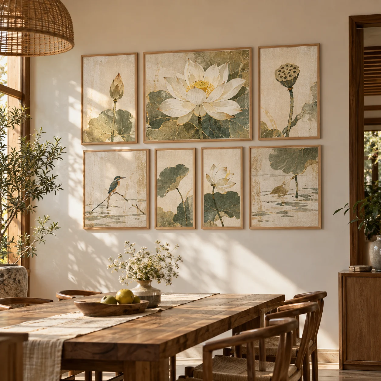 Tranh bộ 7 Minh Tâm In Fine Art Viền Gỗ Sáng