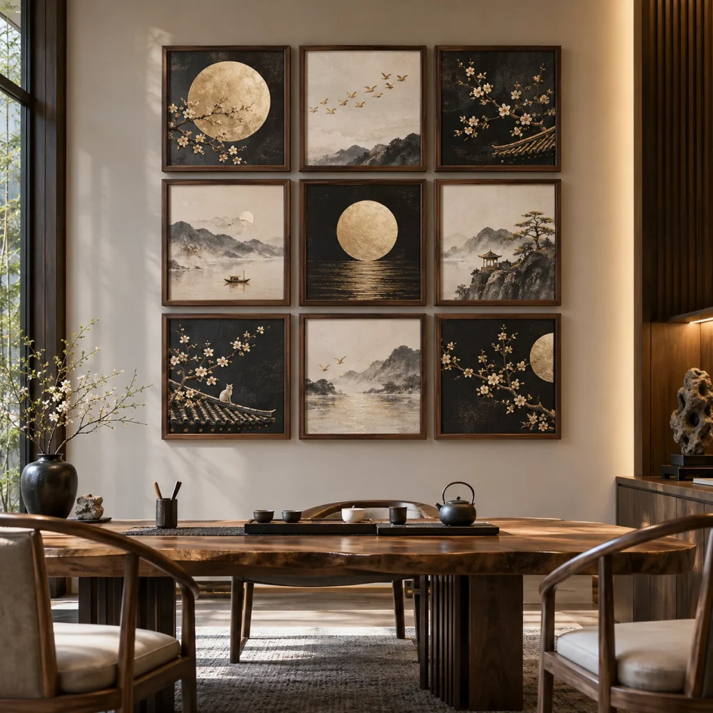 Tranh bộ 9 Nguyệt Cát In UV Mỹ Thuật Khung Walnut