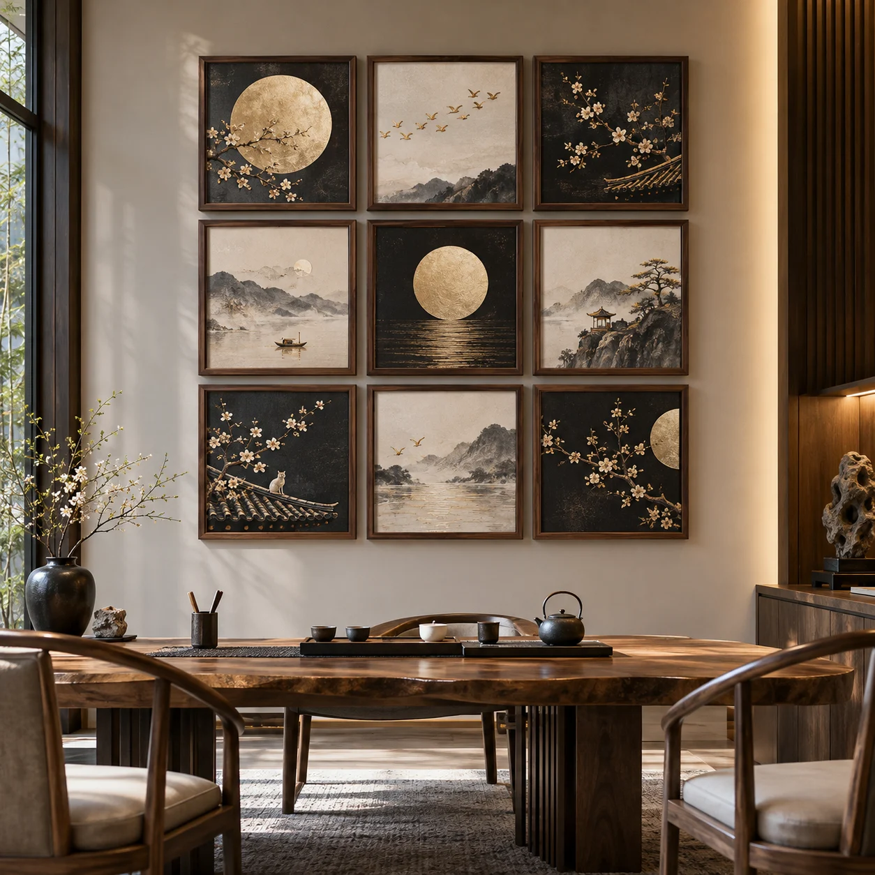 Tranh bộ 9 Nguyệt Cát In UV Mỹ Thuật Khung Walnut