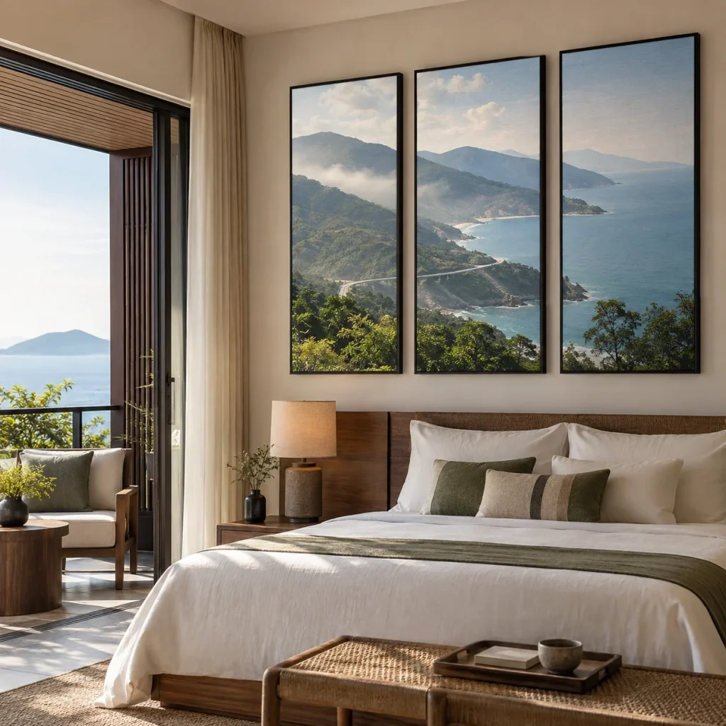 Tranh canvas thả dọc Hải Vân Canvas Vân Vải Khung Đen