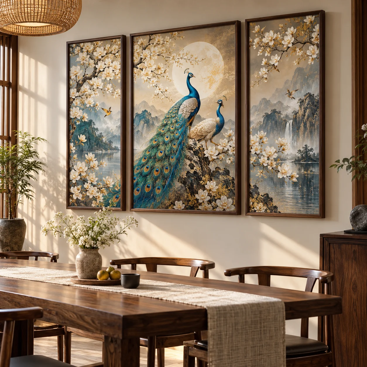Tranh chim công Nguyệt Cát In UV Mỹ Thuật Khung Walnut