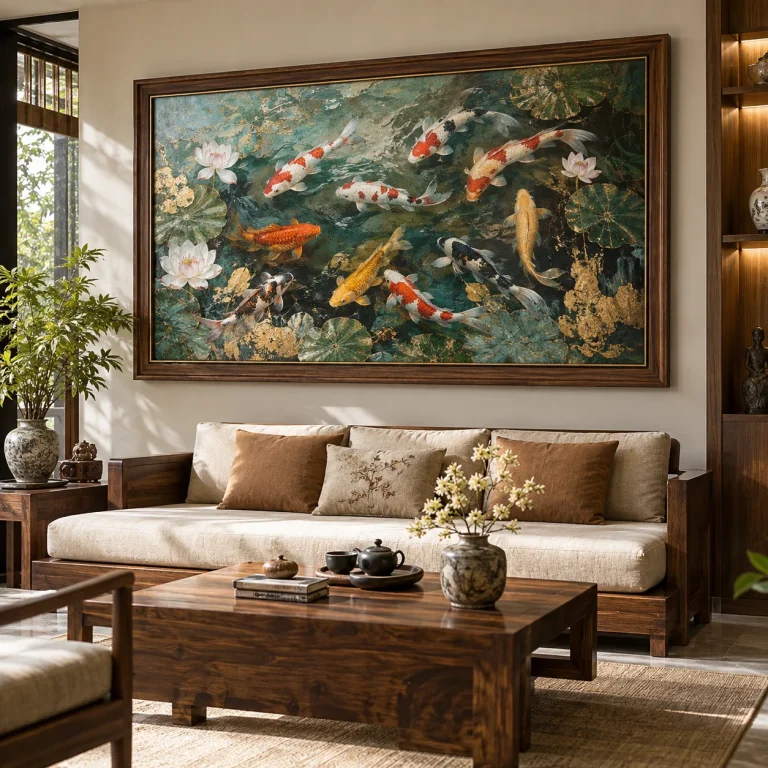 Tranh cửu ngư Tân Thời In UV Mỹ Thuật Khung Walnut