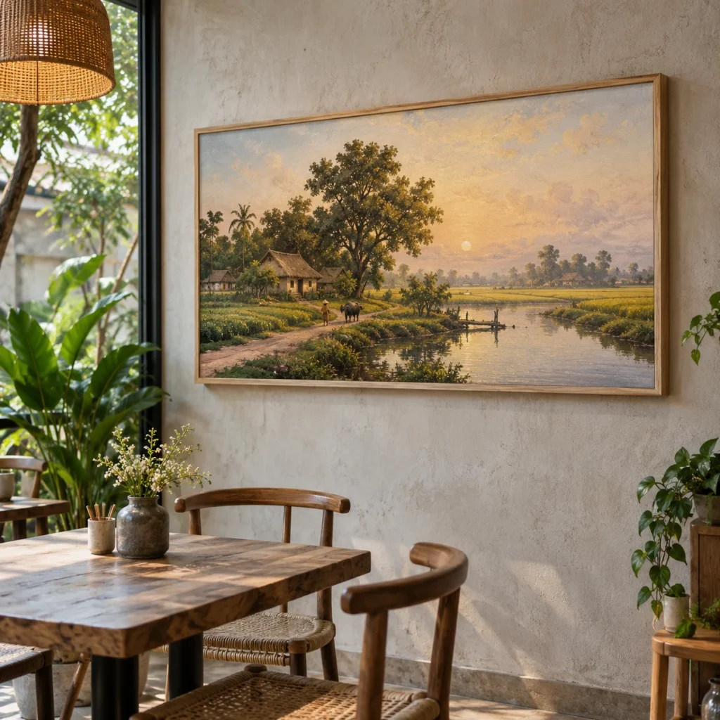 Tranh đồng quê Tĩnh Lặng In Fine Art Viền Gỗ Sáng