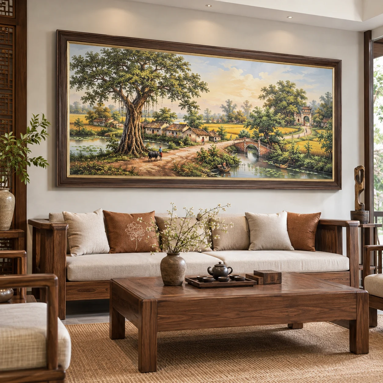 Tranh đồng quê Thịnh Vượng In UV Mỹ Thuật Khung Walnut