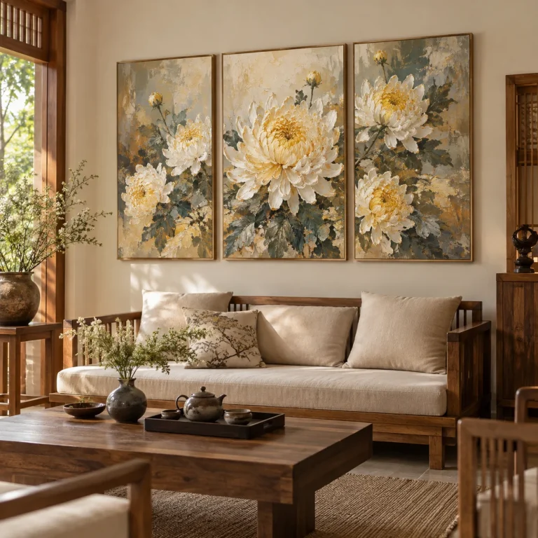 Tranh hoa cúc Đông Phương Sơn Dầu Đắp Nổi Viền Mảnh