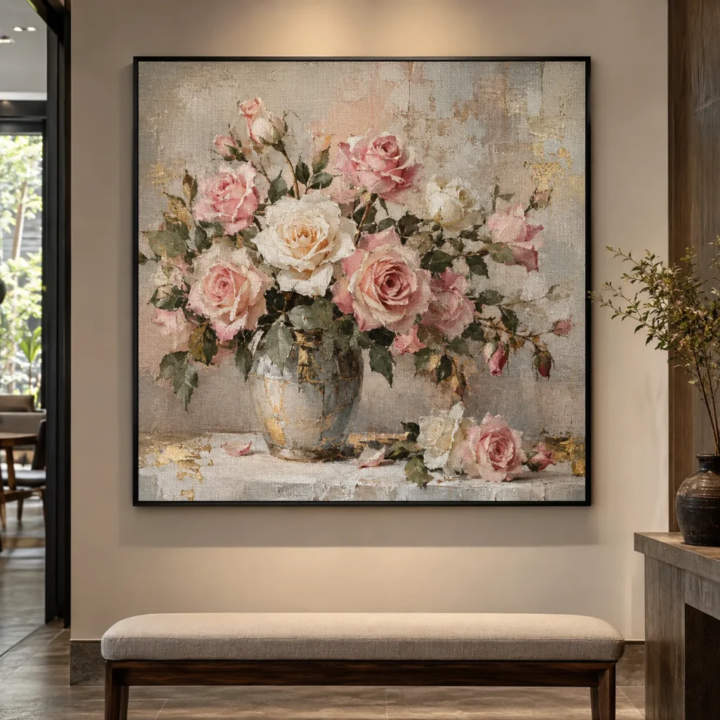 Tranh hoa hồng Minh Tâm Canvas Vân Vải Khung Đen