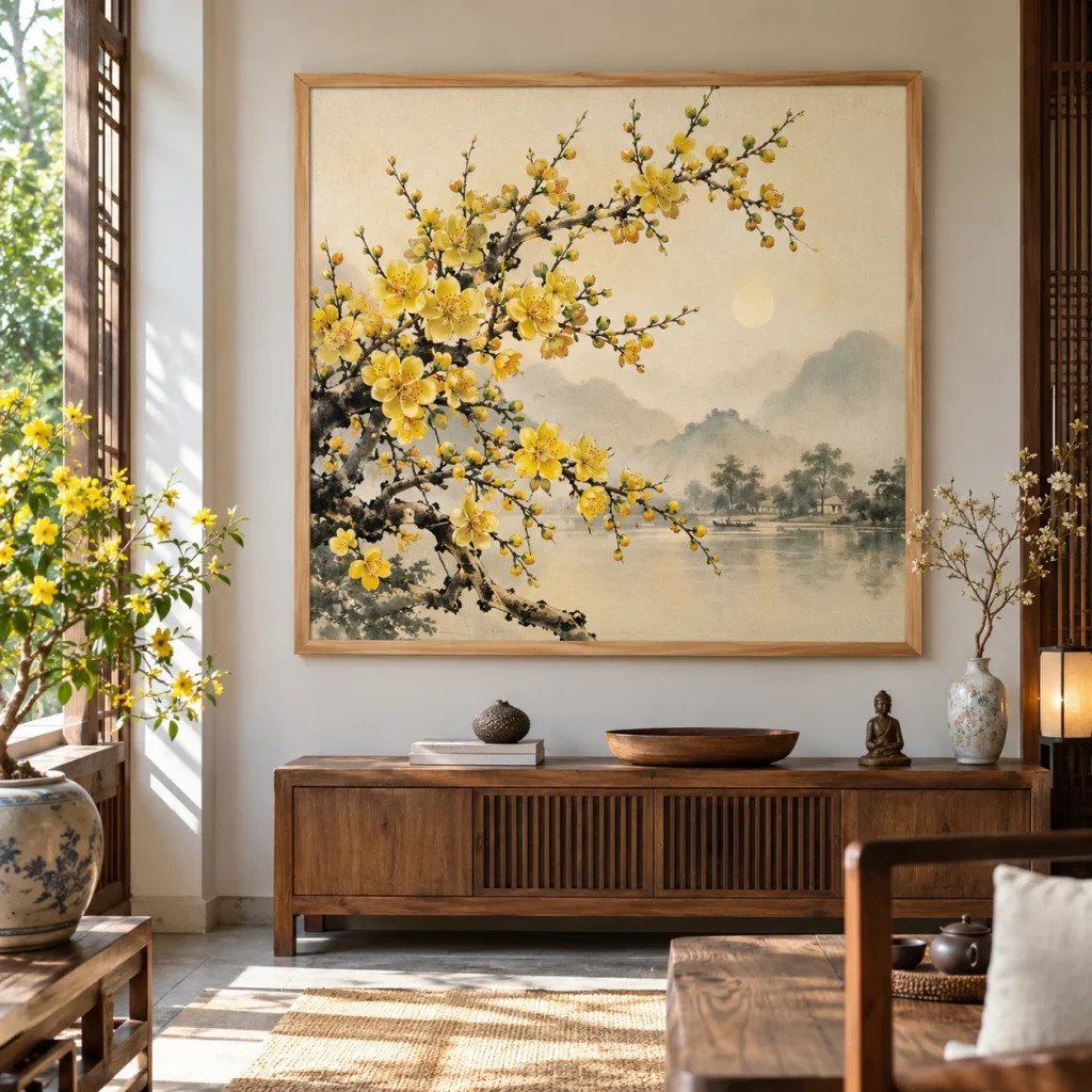 Tranh hoa mai Thịnh Vượng In Fine Art Viền Gỗ Sáng
