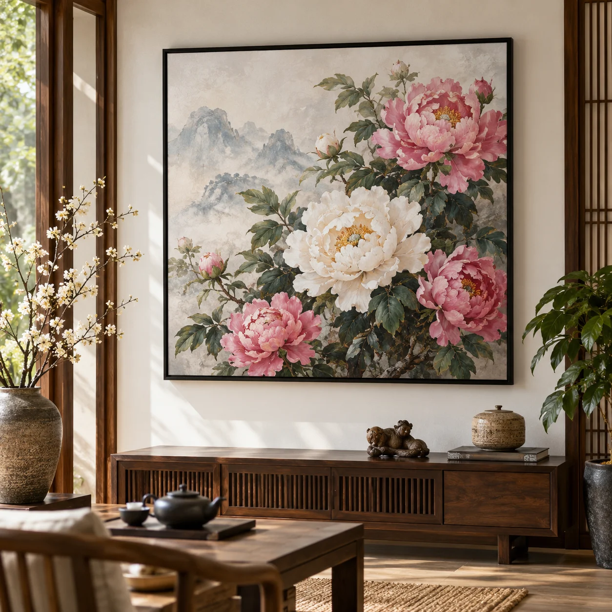Tranh hoa mẫu đơn Hải Vân Canvas Vân Vải Khung Đen