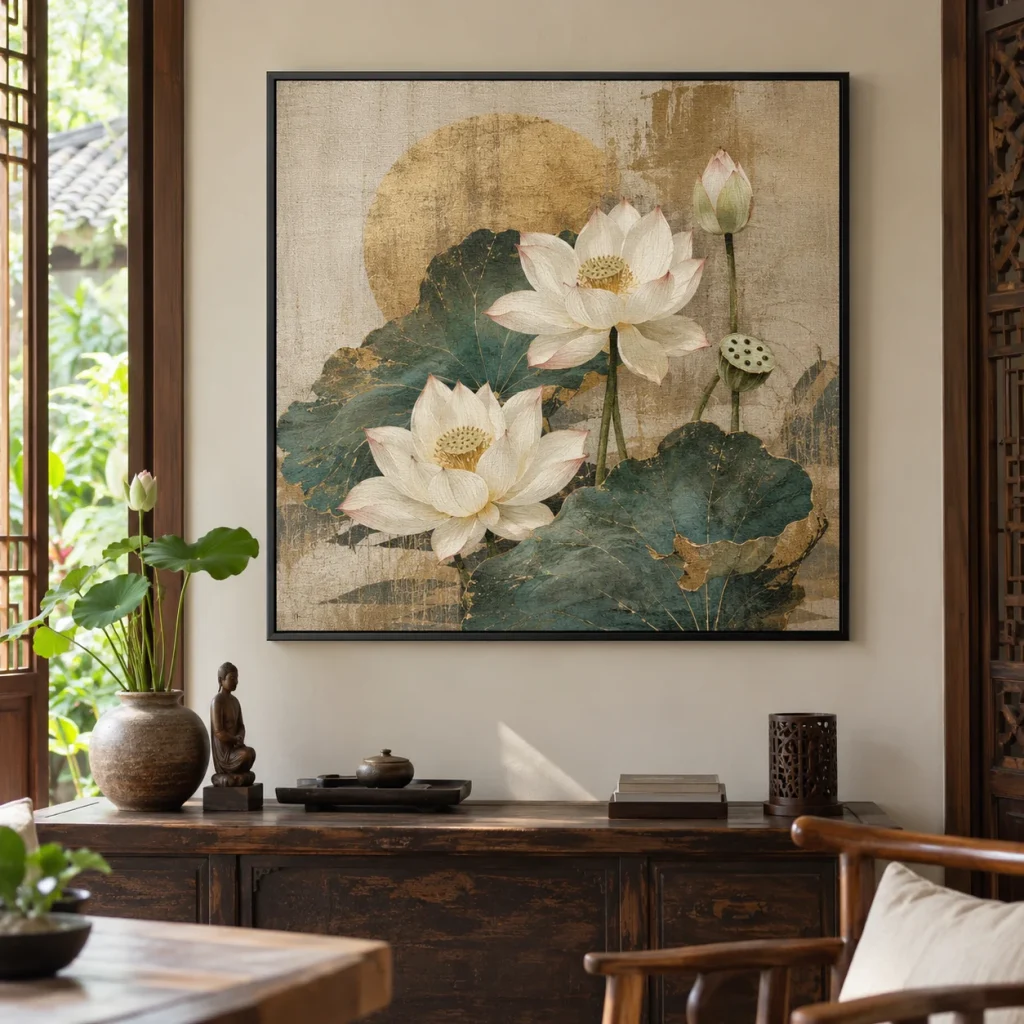 Tranh hoa sen Phúc Lộc Canvas Vân Vải Khung Đen