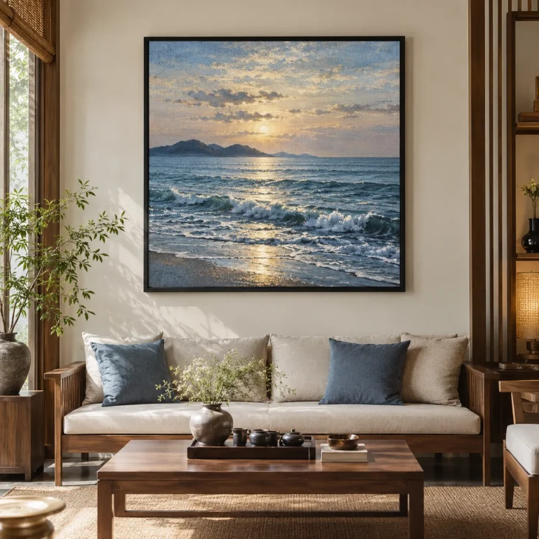 Tranh cho người mệnh Thủy Nhật Hạ Canvas Vân Vải Khung Đen