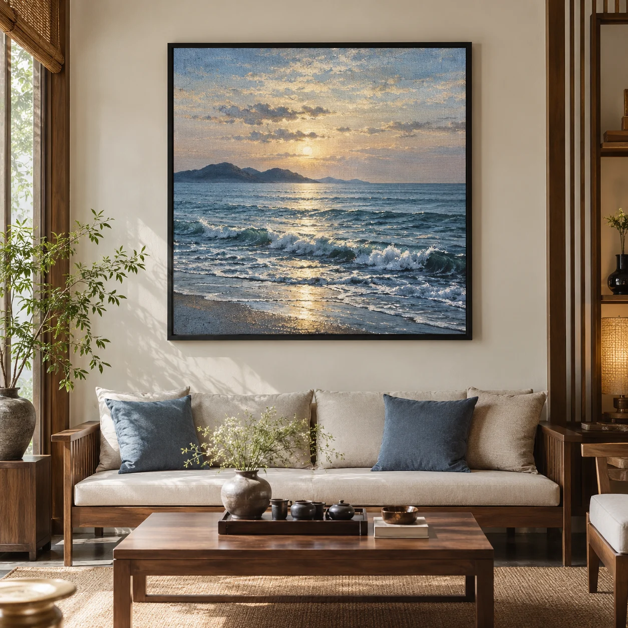 Tranh cho người mệnh Thủy Nhật Hạ Canvas Vân Vải Khung Đen