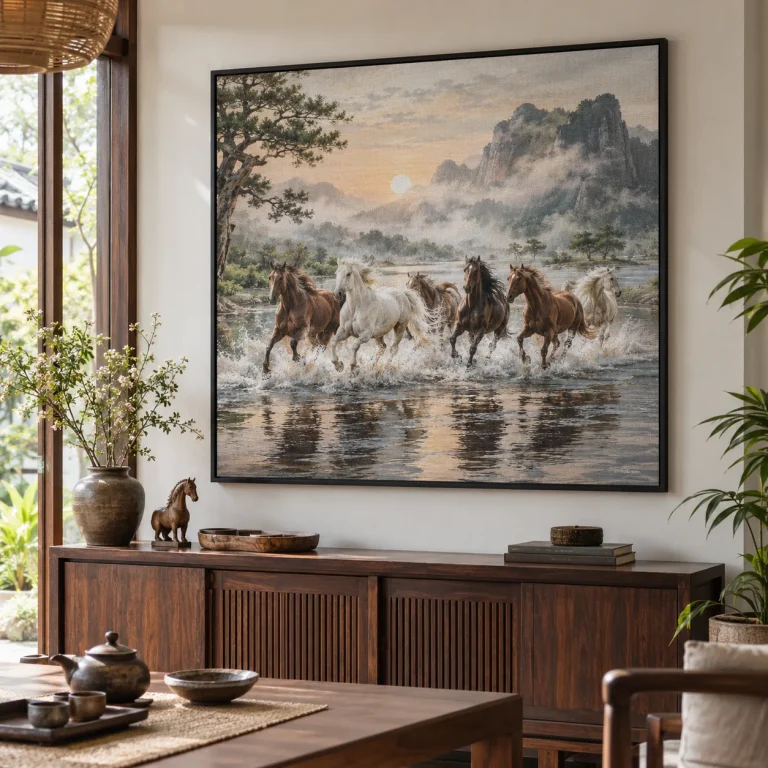 Tranh ngựa An Nhiên Canvas Vân Vải Khung Đen