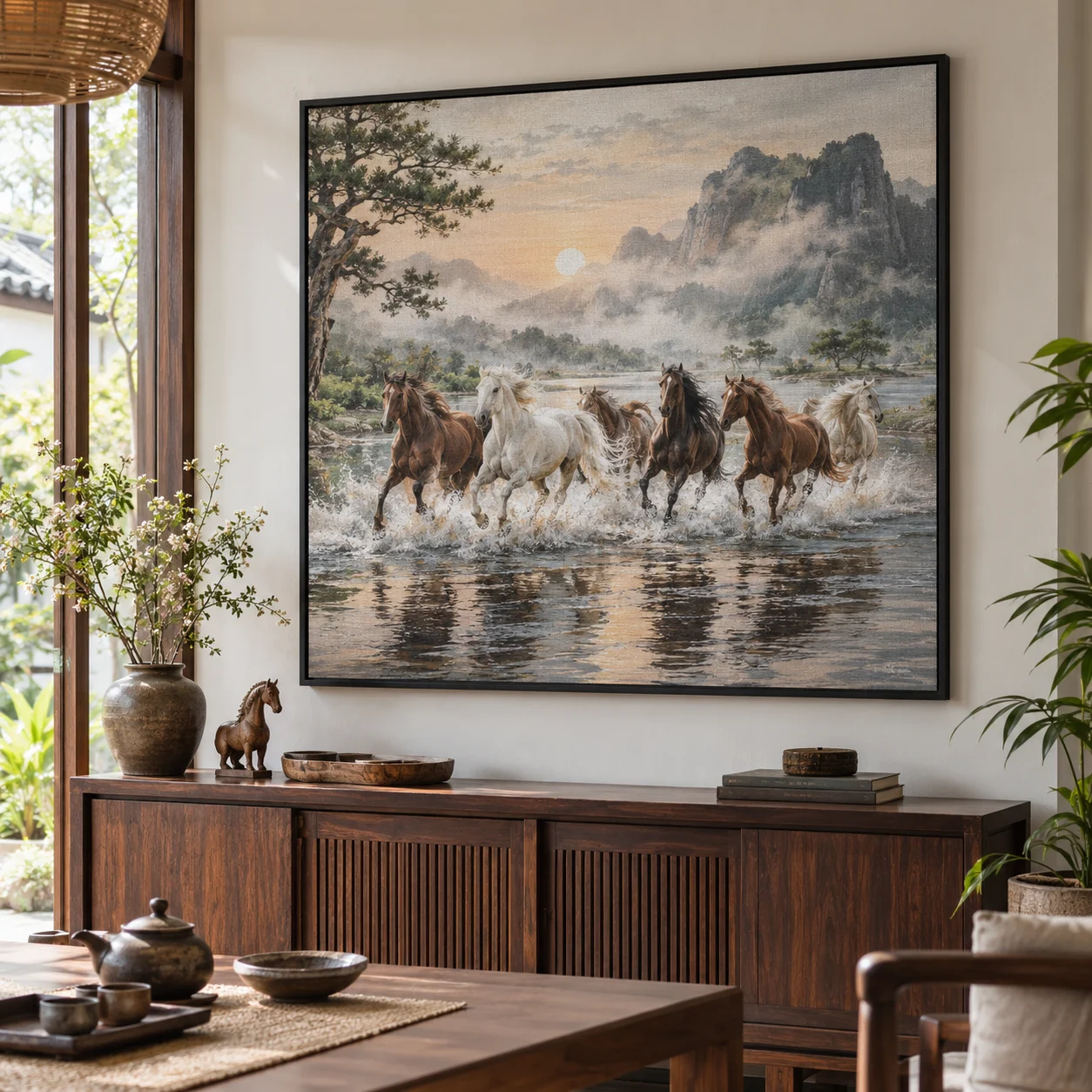 Tranh ngựa An Nhiên Canvas Vân Vải Khung Đen