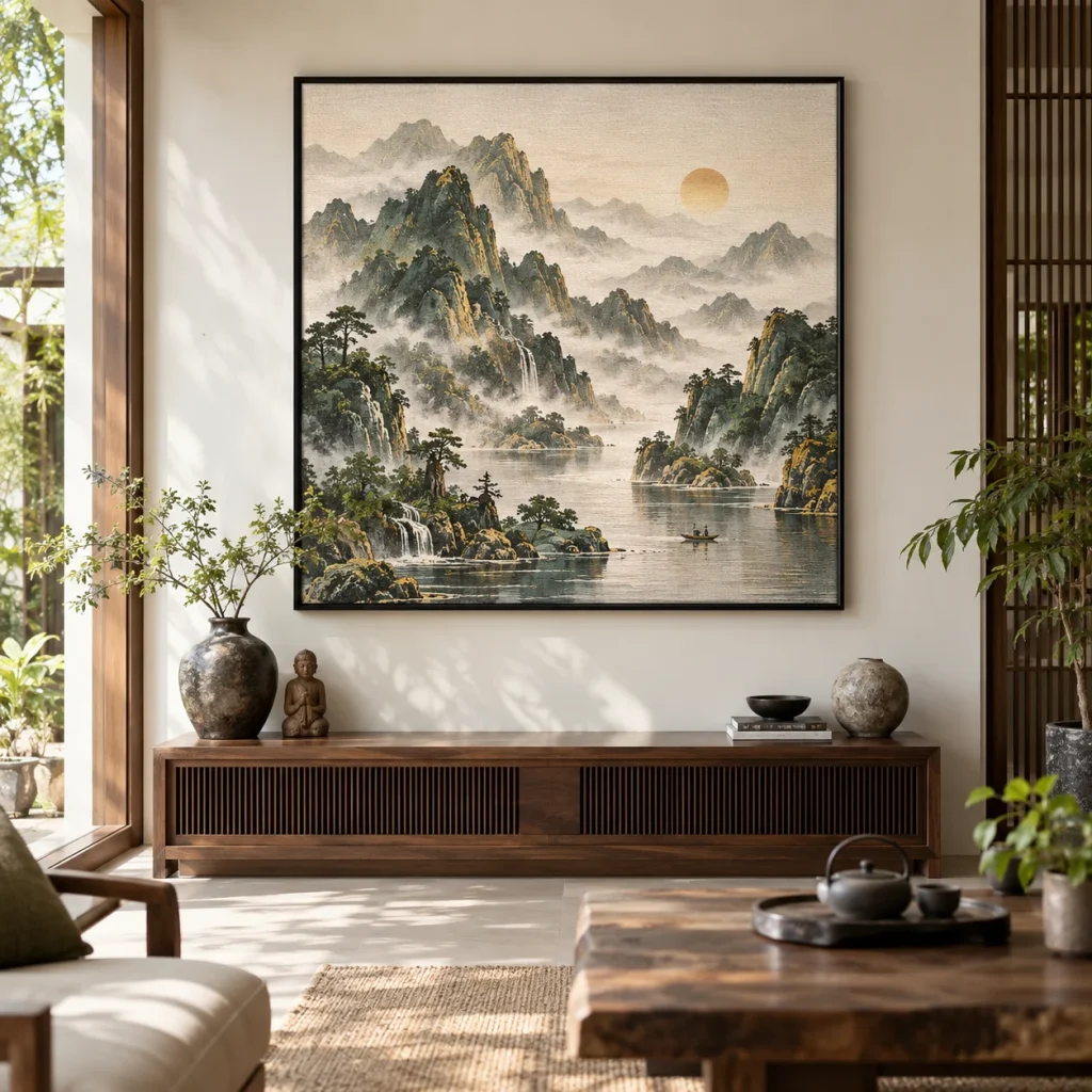 Tranh núi non Thịnh Vượng Canvas Vân Vải Khung Đen