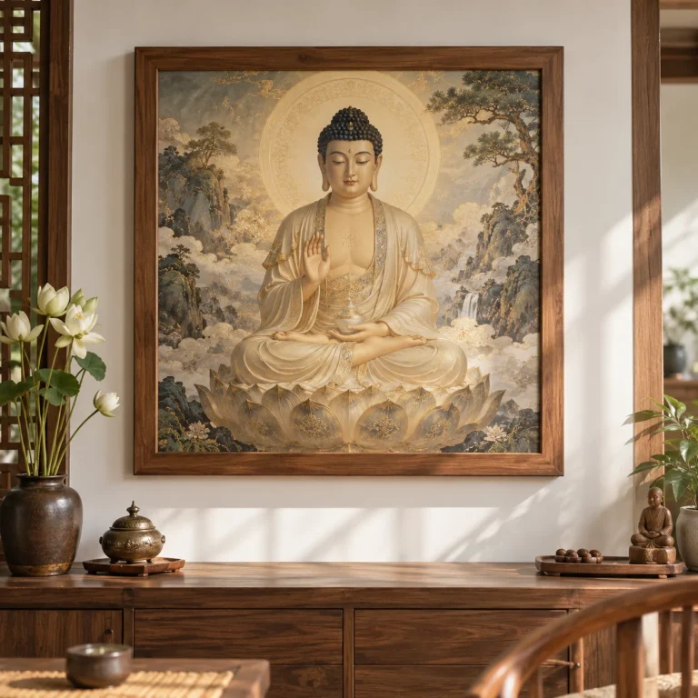 Tranh Phật giáo Thịnh Vượng Bề Mặt Lì Khung Gỗ Tự Nhiên