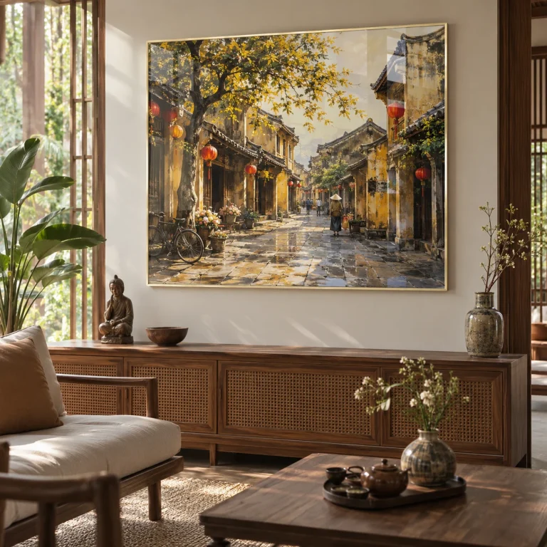 Tranh phố cổ Minh Tâm Tráng Gương Viền Champagne