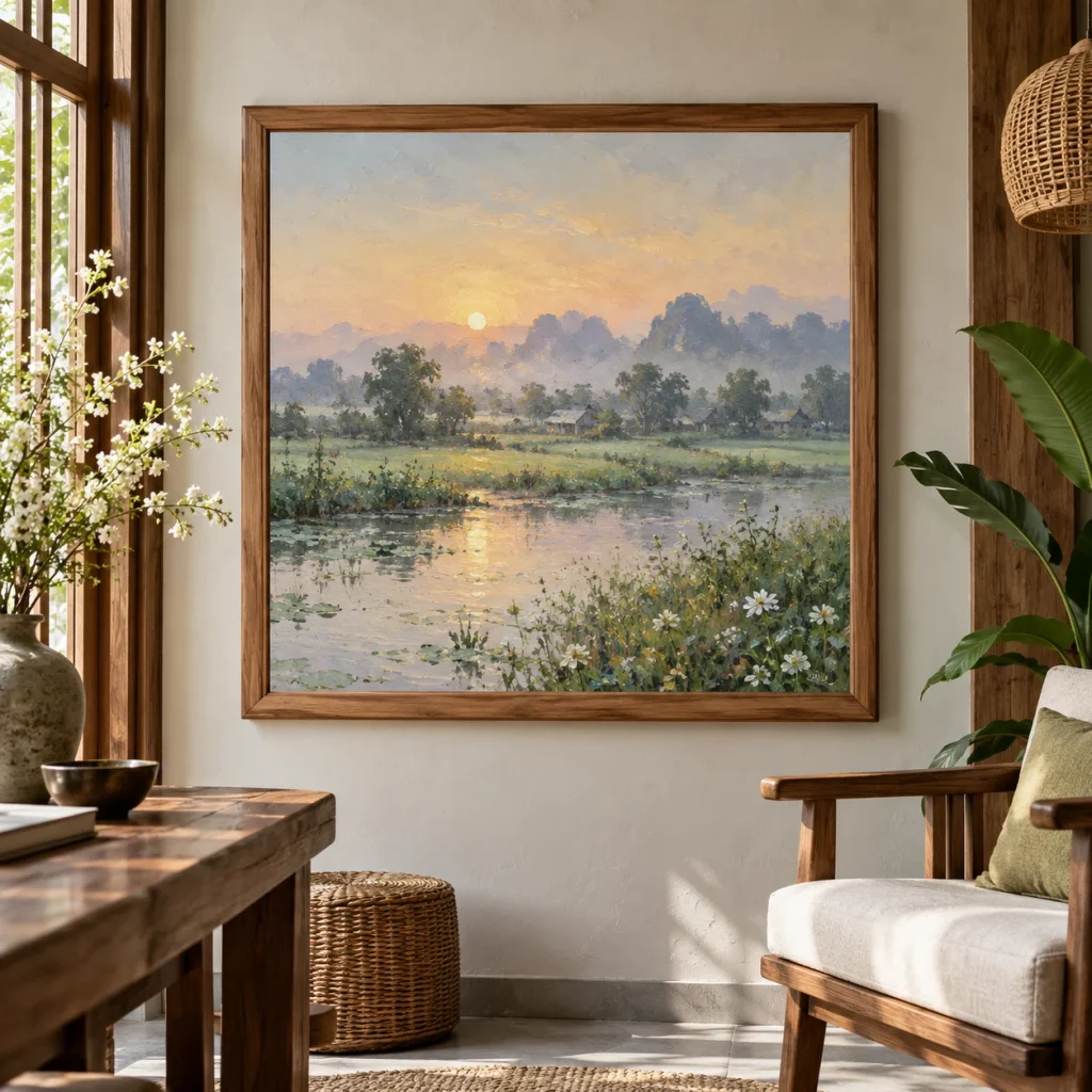 Tranh phong cách sơn dầu Sương Mai Bề Mặt Lì Khung Gỗ Tự Nhiên