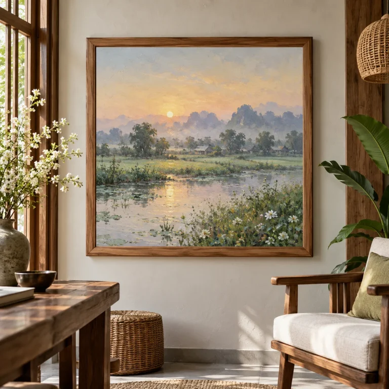 Tranh phong cách sơn dầu Sương Mai Bề Mặt Lì Khung Gỗ Tự Nhiên