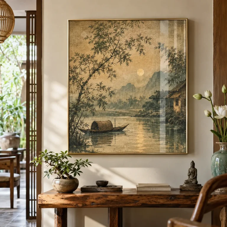 Tranh phong cách vintage An Nhiên Tráng Gương Viền Champagne