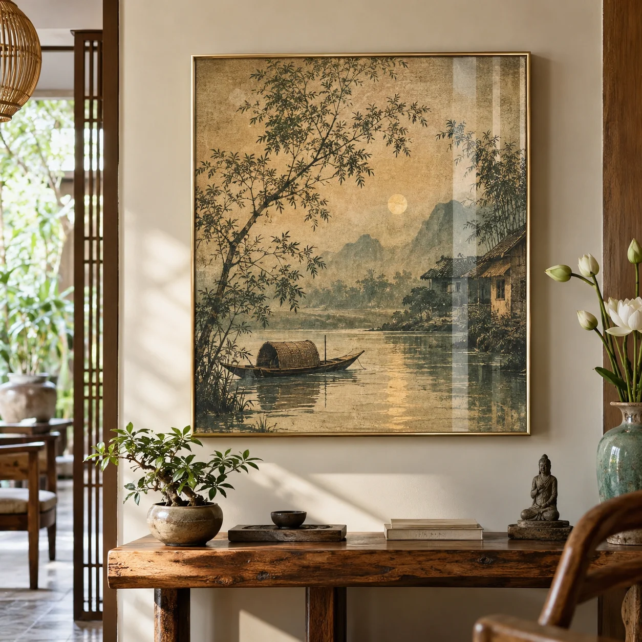Tranh phong cách vintage An Nhiên Tráng Gương Viền Champagne