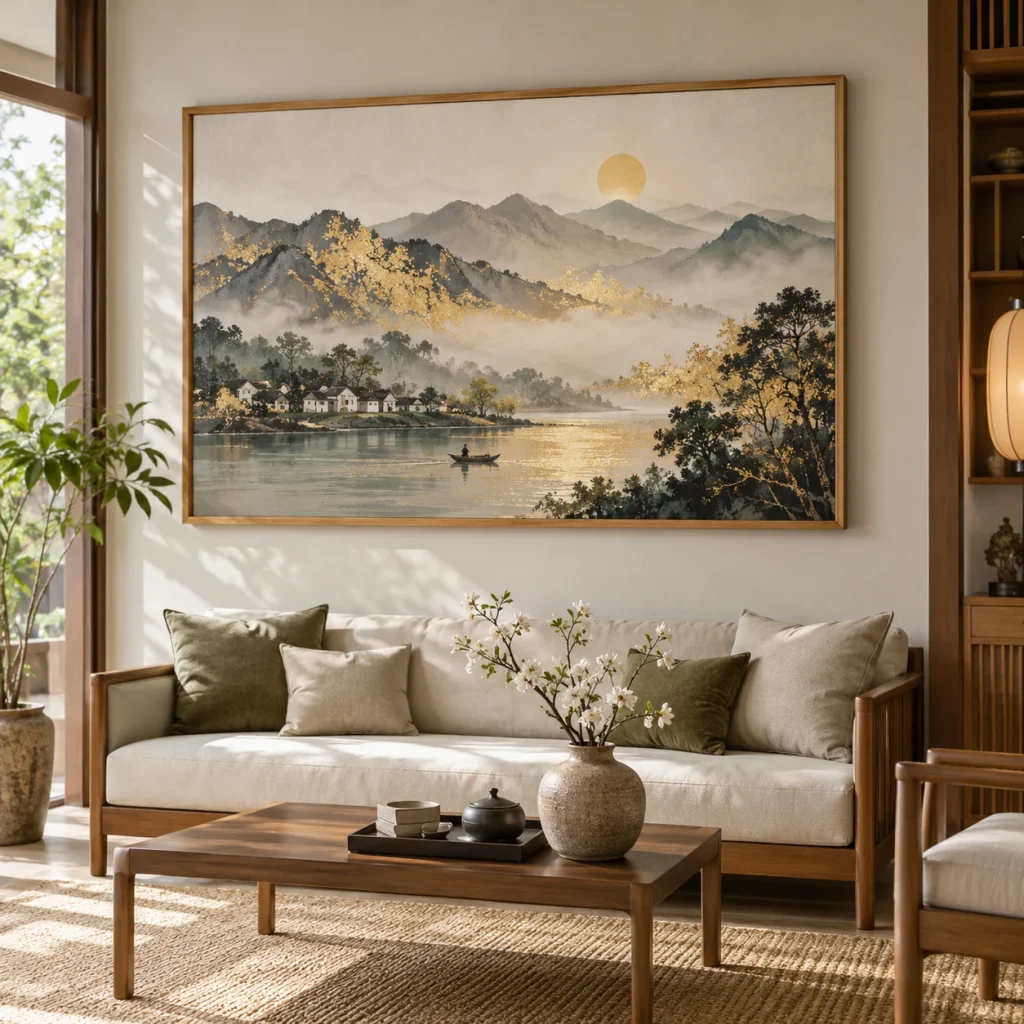 Tranh phòng khách Kim Sa Canvas Phủ Mờ Khung Sồi