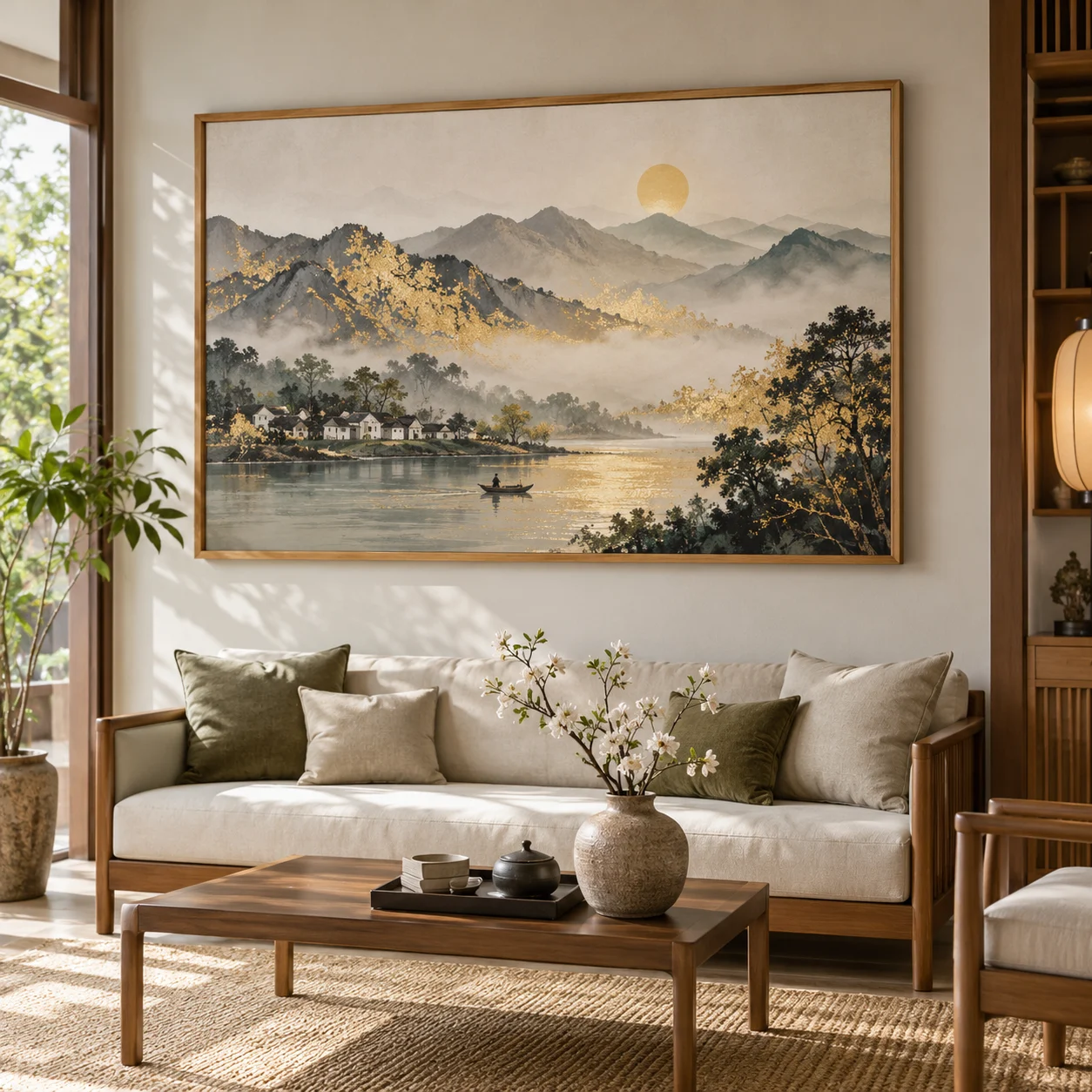 Tranh phòng khách Kim Sa Canvas Phủ Mờ Khung Sồi