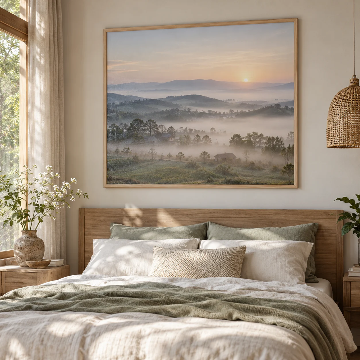 Tranh phòng ngủ Sương Mai In Fine Art Viền Gỗ Sáng