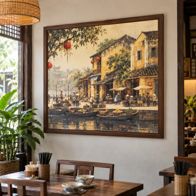 Tranh quán ăn Đông Phương In UV Mỹ Thuật Khung Walnut