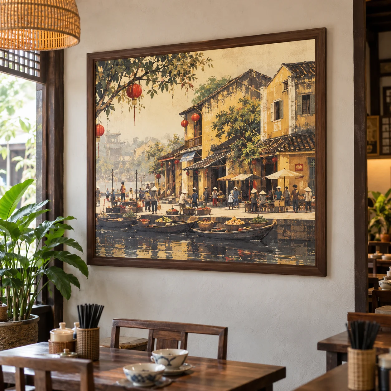 Tranh quán ăn Đông Phương In UV Mỹ Thuật Khung Walnut
